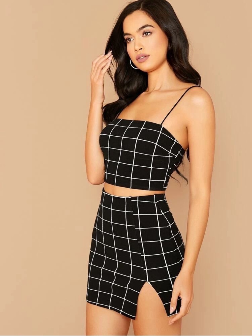 SHEIN Grid Print Co-Ord Set Size XS | Y2K Streetwear | Crop Top & Slit Skirt |